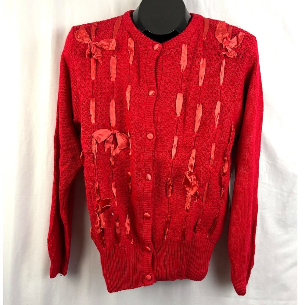 Vtg Victoria Jones Red Cardigan Sweater SMALL with Ribbons and Bows‎ Silk